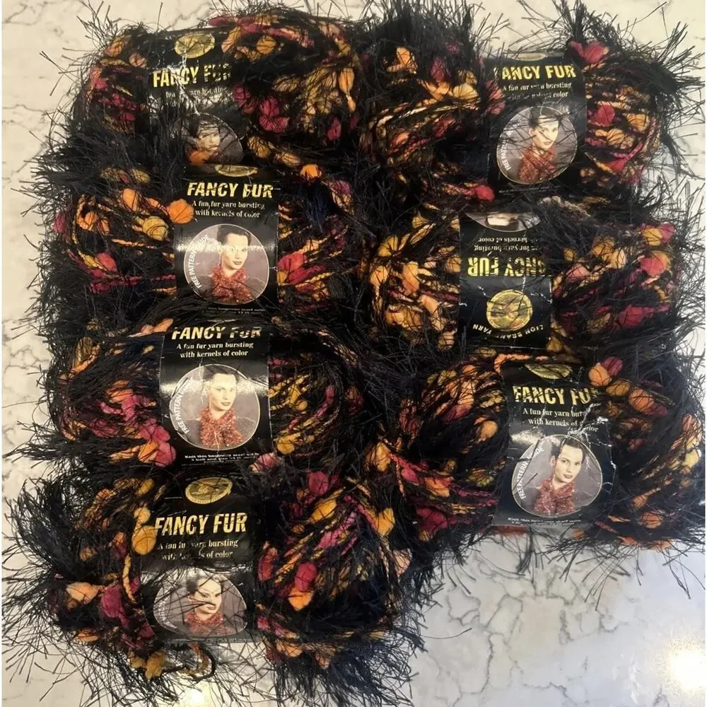 Lot of 7 Lion Brand Fancy Fur Yarn Skeins Jungle‎ Print 273 yards Black Orange